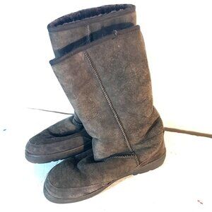 Genuine Sheepskin Boots size 10  Leather Wide EUC Brown Suede Winter 12" Shaft